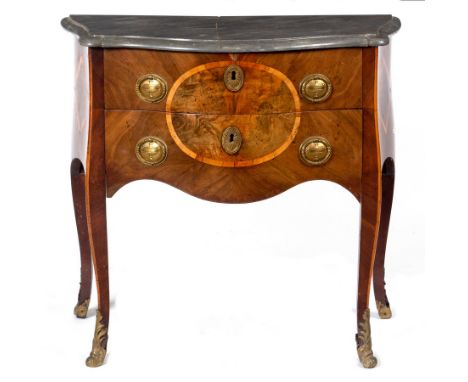 A mid 19th Century Italian bombé commode with marble top, the sides with diaper inlay within king wood reserves, the two draw
