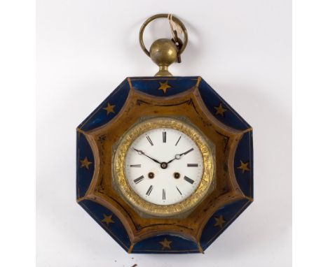 A French toleware wall clock, the octagonal case painted stars to the border, 26cm wide