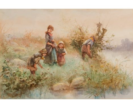 Fanny Mearns (act 1870-1881)/Children Playing by a Stream/signed/watercolour, 30cm x 44cm