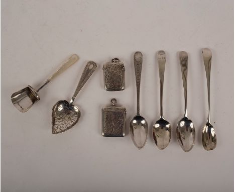 Two silver vesta cases, Chester 1900, 4cm wide and Birmingham 1900, 3.7cm wide, a silver shovel-shaped caddy spoon, Birmingha