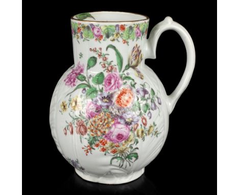A Worcester Dutch jug, circa 1757-58, of globular form moulded with overlapping leaves painted in Meissen style with generous