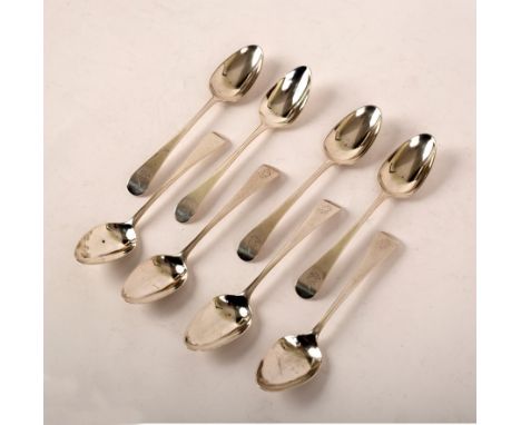 Six George III old English pattern silver dessert spoons, Richard Crossley, London 1791, crested and two similar spoons, init