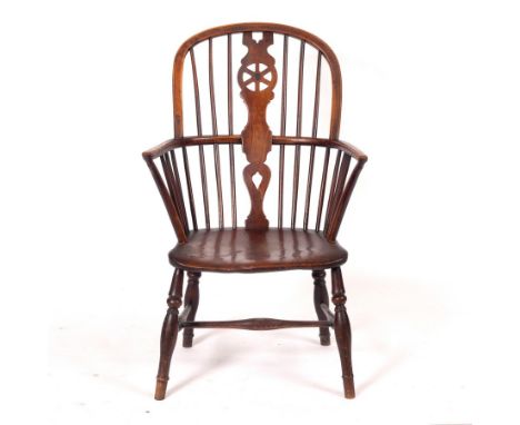 A stick and pierced splat back armchair with solid elm seat, on turned front legs CONDITION REPORT: Approximate measurements 