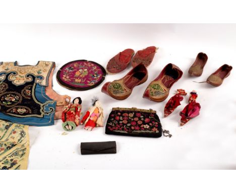 A panel of uncut Chinese summer weave edging, circa 1900, a pair of embroidered shoes, a child's embroidered waistcoat, an em