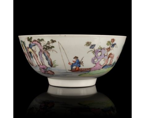 A Worcester bowl, circa 1755, finely painted with a continuous chinoiserie river scene, with figures fishing from sampans, tr