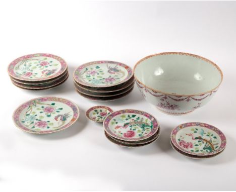 A Chinese punch bowl, Qianlong, decorated swags and floral sprays in puce, 26cm diameter and a quantity of early 20th Century