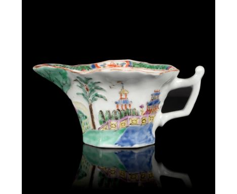 An important early Worcester creamboat, circa 1752-53, of Wigornia type and hexagonal form with a geranium leaf moulded under
