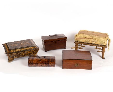 A mahogany tea caddy of sarcophagus shape, 22.5cm wide, a lady's burr yew workbox, 22cm wide, a small simulated bamboo footst