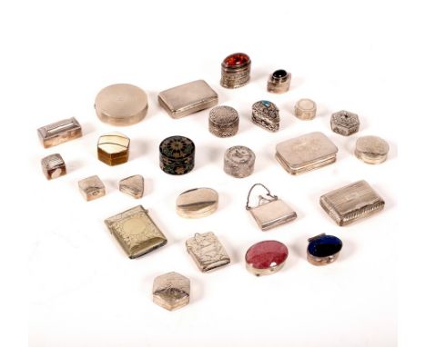 A collection of pill boxes and vesta cases, in silver, white metal and plate, including a George III silver snuff box, Alexan