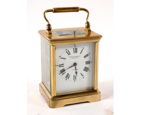 A French gilt brass hour repeat eight-day carriage clock in a gilt brass rectangular squat case, the white enamel dial, Mappi