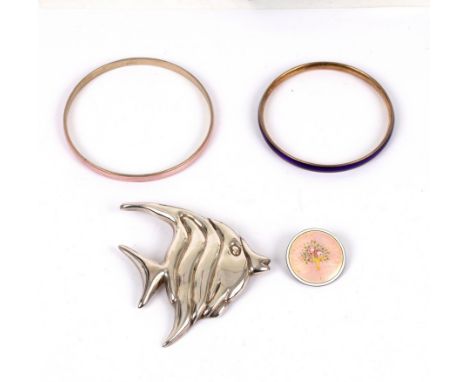 Two silver and enamel bangles, the larger 6.5cm diameter, a silver and pink enamel brooch and a novelty silver brooch modelle