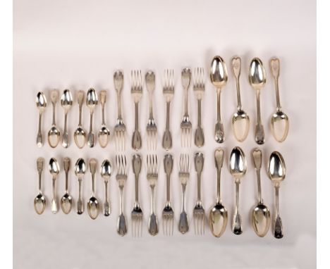 A George III part canteen of silver fiddle and thread pattern flatware, mostly Paul Storr, comprising eight tablespoons, Lond