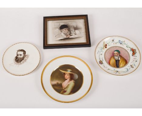Three portrait painted plates, one a Vienna style dish with a lady, a Worcester plate of Vandyke, a saucer dish with a gentle