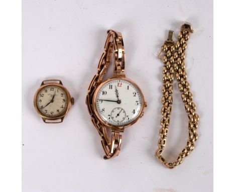 A 9ct gold brick link bracelet, 19cm long, approximately 11.3gm, a 9ct gold cased wristwatch, the circular white enamel dial 