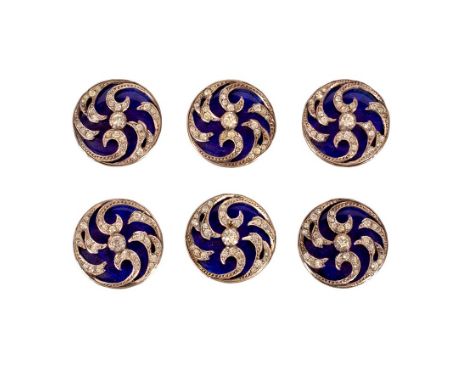 A set of six paste and blue enamel buttons of circular form with scrolling design, each 3cm diameter, by Nathalie, Sloane Str
