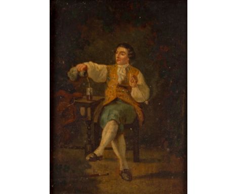 Valentin/Interior Scene/with seated gentleman smoking a clay pipe and pouring a glass of wine/oil on panel, 31.5cm x 23cm