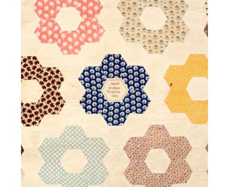 A Victorian patchwork quilt, the central section marked Sarah Wotton, Tiverton 1880, 203cm x 169cm and sundry textiles and fa