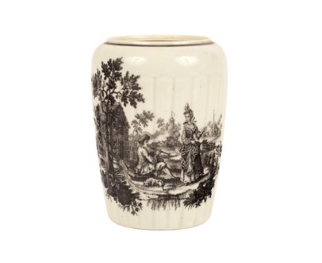 A Worcester ribbed tea canister, circa 1770, printed in black with ice skaters and a piper, 11cm high/Provenance: From the co