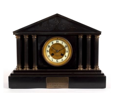 A Belgian slate architectural mantel clock with eight-day movement, by H Martin of Paris, 39cm wide
