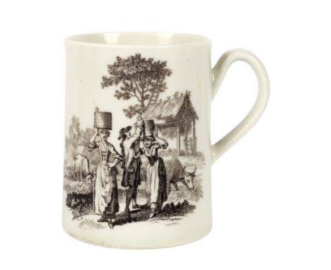 A Worcester tapering cylindrical mug, circa 1770, printed in black in the Milkmaids pattern, 9cm high/Provenance: From the co