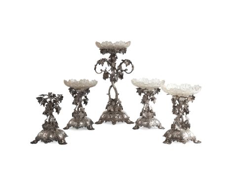 A set of five Victorian Scottish plated table centerpieces Retailed by Muirhead and Son, Glasgow, maker's mark TB/ crown, com