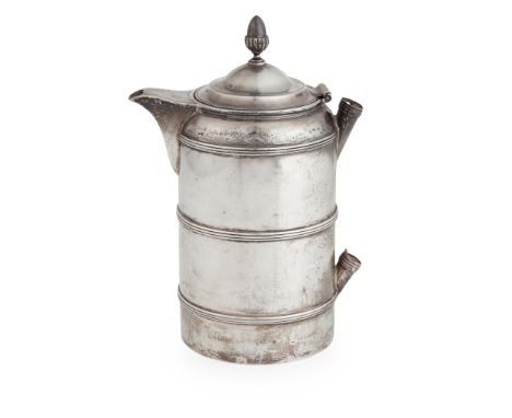 A George III biggin John Emes, London 1804, of cylindrical form with threaded borders, the hinged lid with acorn finial, the 