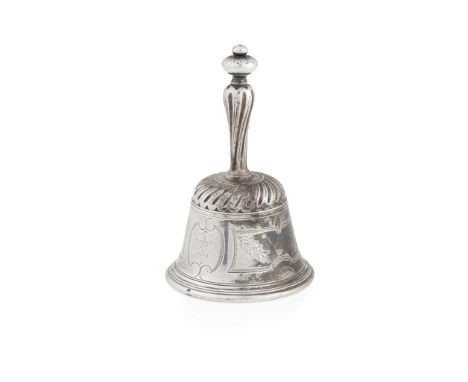 An early 18th-Century French table bell 1704, with wrythen handle and ball finial, the body with engraved foliate decoration,