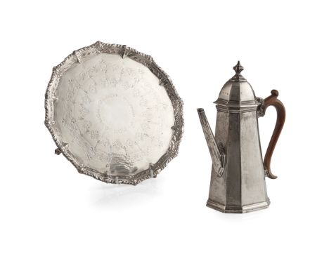 An Edwardian Queen Anne style coffee pot London 1909, of tapered octagonal form, the domed hinged lid with knopped finial, wi