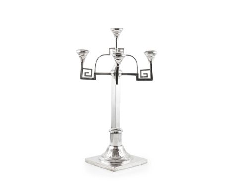 A central European 20th-Century Secessionist style five-light candelabra indistinctly marked to base, the central square colu