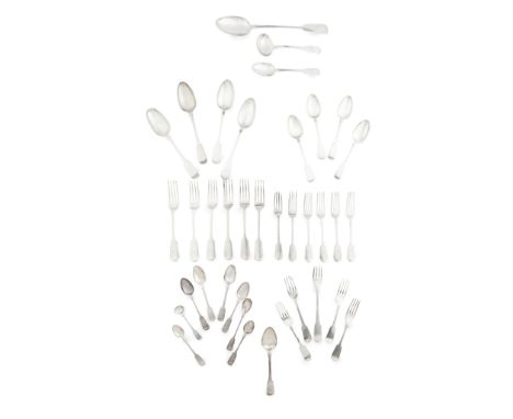 A collection of Fiddle pattern flatware various makers and dates, comprising, a basting spoon, four tablespoons, six dessert 