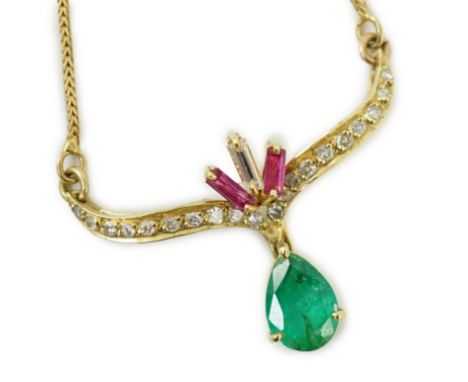 A modern Italian 750 yellow metal, emerald, ruby and diamond cluster set drop pendant, pendant width 35mm, chain 34mm, gross 