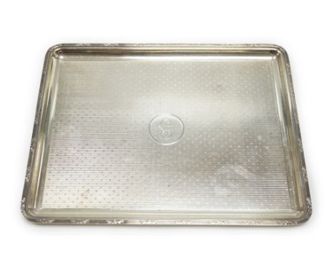 A George V engine turned silver dressing table tray, by Mappin &amp; Webb, London 1915, 27.5cm, 15.3oz.