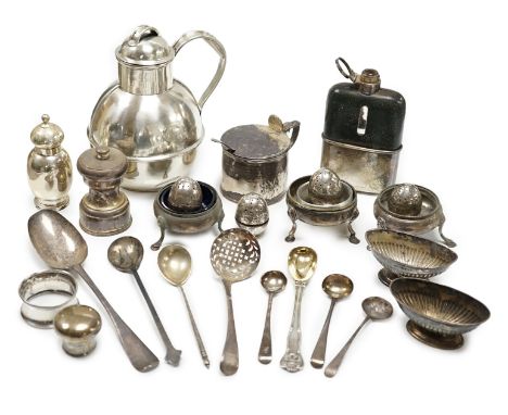 Sundry small silver including a Guernsey can milk jug, mustard pot, damaged mounted glass hip flask, flatware and minor plate