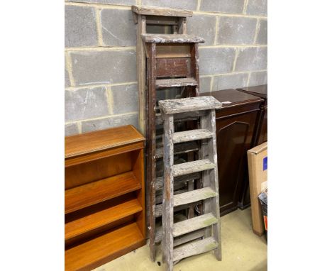 Three vintage pine step ladders, tallest 184cm