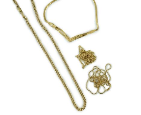 Two modern 9ct gold chains, longest 45cm, 6 grams, a 14kt bracelet, 1.6 grams and a 750 fine link chain, 2.3 grams.