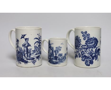 Three 18th century Worcester mugs, Three flowers, La Promenade, 12.5cms high