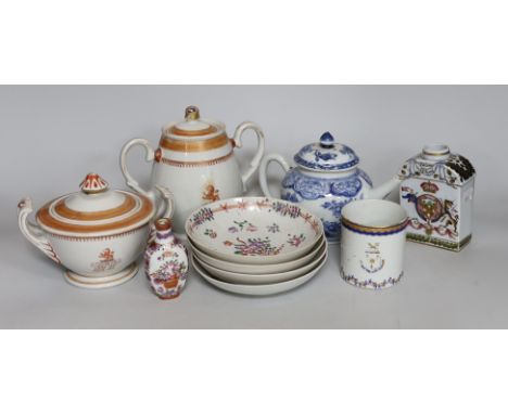 A group of Chinese Qianlong - Jiaqing porcelain tea wares, a rare snuff bottle and a French armorial tea caddy