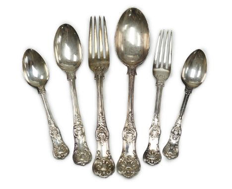 A harlequin part canteen of 19th century and later silver Queen's pattern cutlery, various dates and makers including a set o