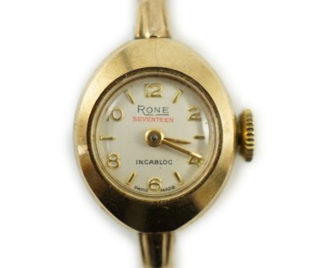 A lady's modern 9ct gold Rone manual wind wrist watch, on a 9ct gold snake link bracelet, overall 16.cm, gross 11.3 grams.