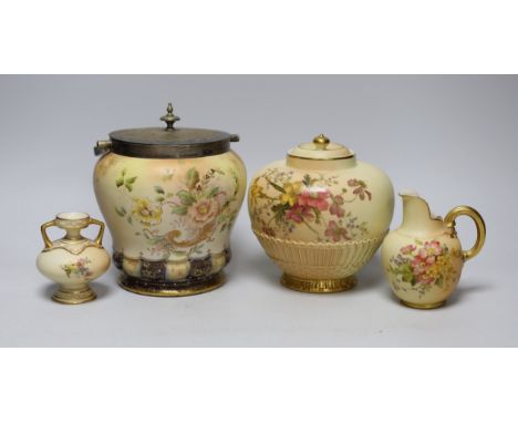 Three Royal Worcester blush vessels and a Carltonware biscuit barrel