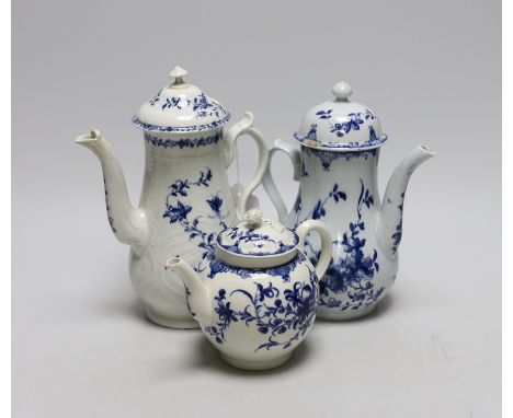 Two 18th century Worcester Mansfield pattern coffee pots and a similar teapot, (all with covers) tallest 22cms high