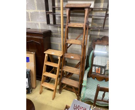 A set of oak four tread library steps and a Jones patent step ladder
