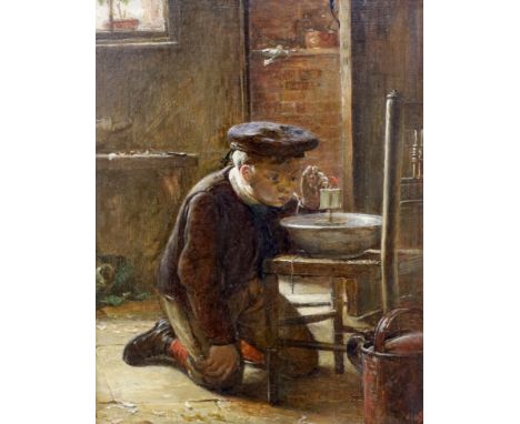 Victorian School, oil on canvas, Interior with boy playing with a toy sail boat, monogrammed SA, 25 x 19cm