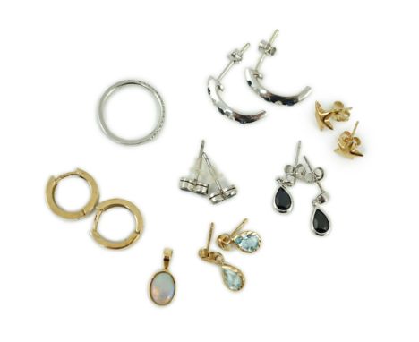 Three assorted modern 9ct earrings including sapphire and diamond chip set half hoop, gross 6.3 grams, three other white or y