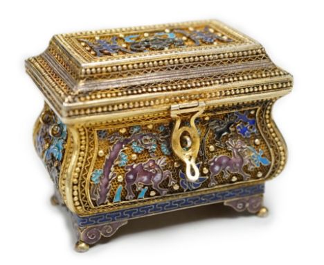 A Chinese gilded filigree white metal and enamelled trinket box, stamped 'silver', width 63mm, gross weight 76 grams.