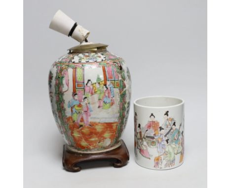 A famille rose vase converted into a lamp, together with a similar brush pot