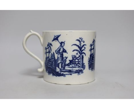 An 18th century large Caughley cider mug, decorated with La Peche and Le Promenade, height 13.5cm