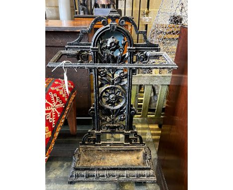 A Victorian black painted cast iron stick stand, width 41cm, height 67cm