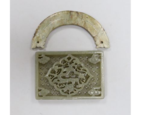A Chinese jade rectangular plaque and a jade huang pendant (2) Width 9cm.