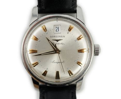 A gentleman's steel and enamel Longines Conquest Automatic wrist watch, with date aperture, case diameter 36mm, on a later as